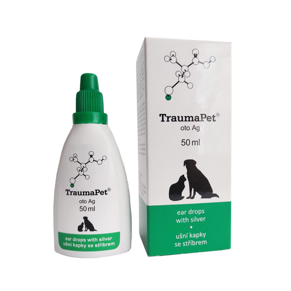 Flacone bianco e scatola. Testo: TraumaPet oto Ag, gocce auricolari con argento. Con immagine di cane e gatto.