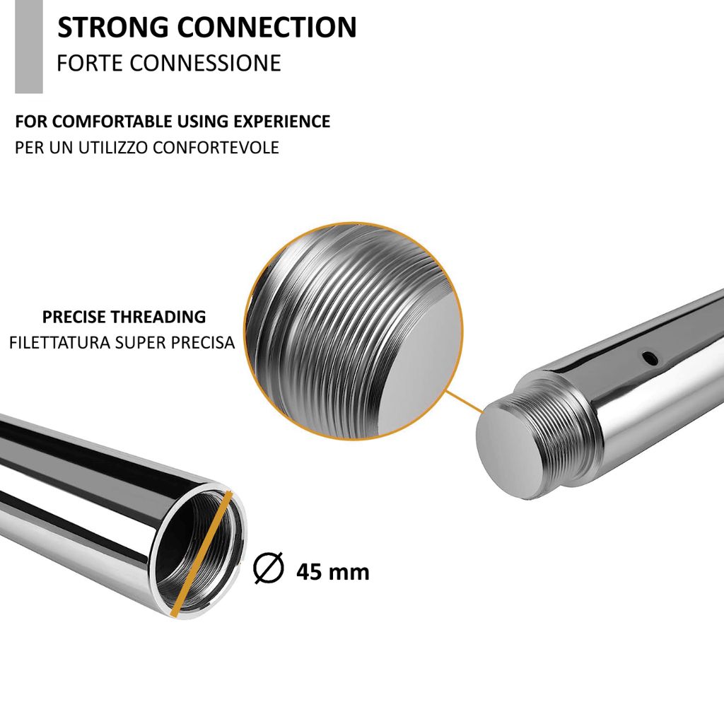 Primo piano delle filettature su un'asta metallica. Diametro 45 mm. Testo: Connessione forte, filettatura precisa.