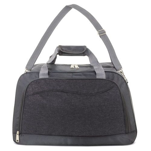 Borsa da viaggio grigio scuro con manici e tracolla grigi. Cerniera e dettagli argentati.