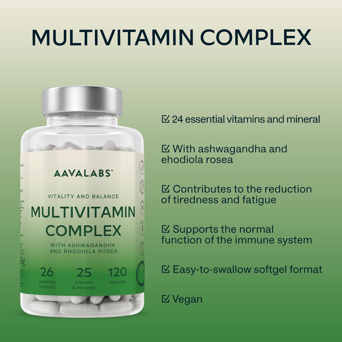Flacone con capsule. Scritta: AAVALABS Multivitamin Complex. 120 capsule. Vegano.
