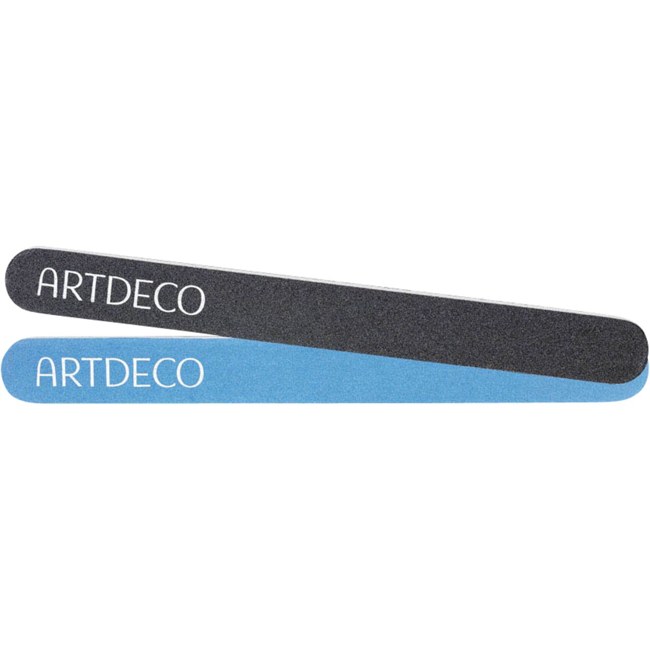 Due lime per unghie, una blu, una grigia. Entrambe con scritta bianca "ARTDECO".