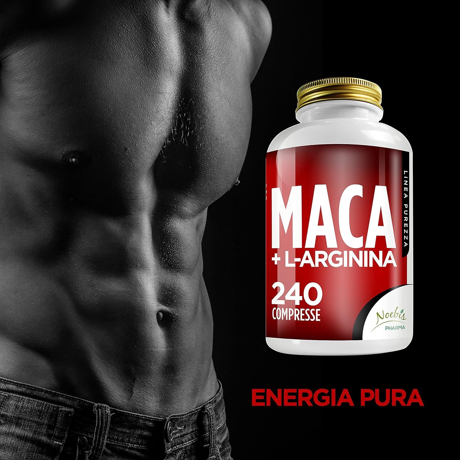 Flacone di Maca + L-Arginina, 240 compresse, accanto a un torso muscoloso. "Energia Pura".