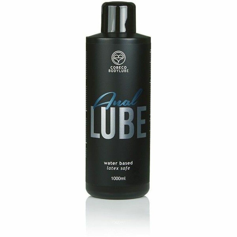 Flacone nero con tappo nero. Scritta: Anal LUBE, water based, latex safe, 1000ml. Logo: Cobeco Bodylube.
