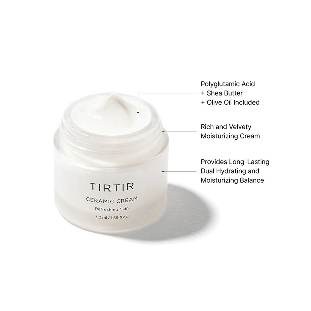Vasetto aperto di Tir Tir Ceramic Cream con crema. Testo: Acido poliglutammico + Burro di karité + Olio d'oliva incluso. Dual Hydrating.