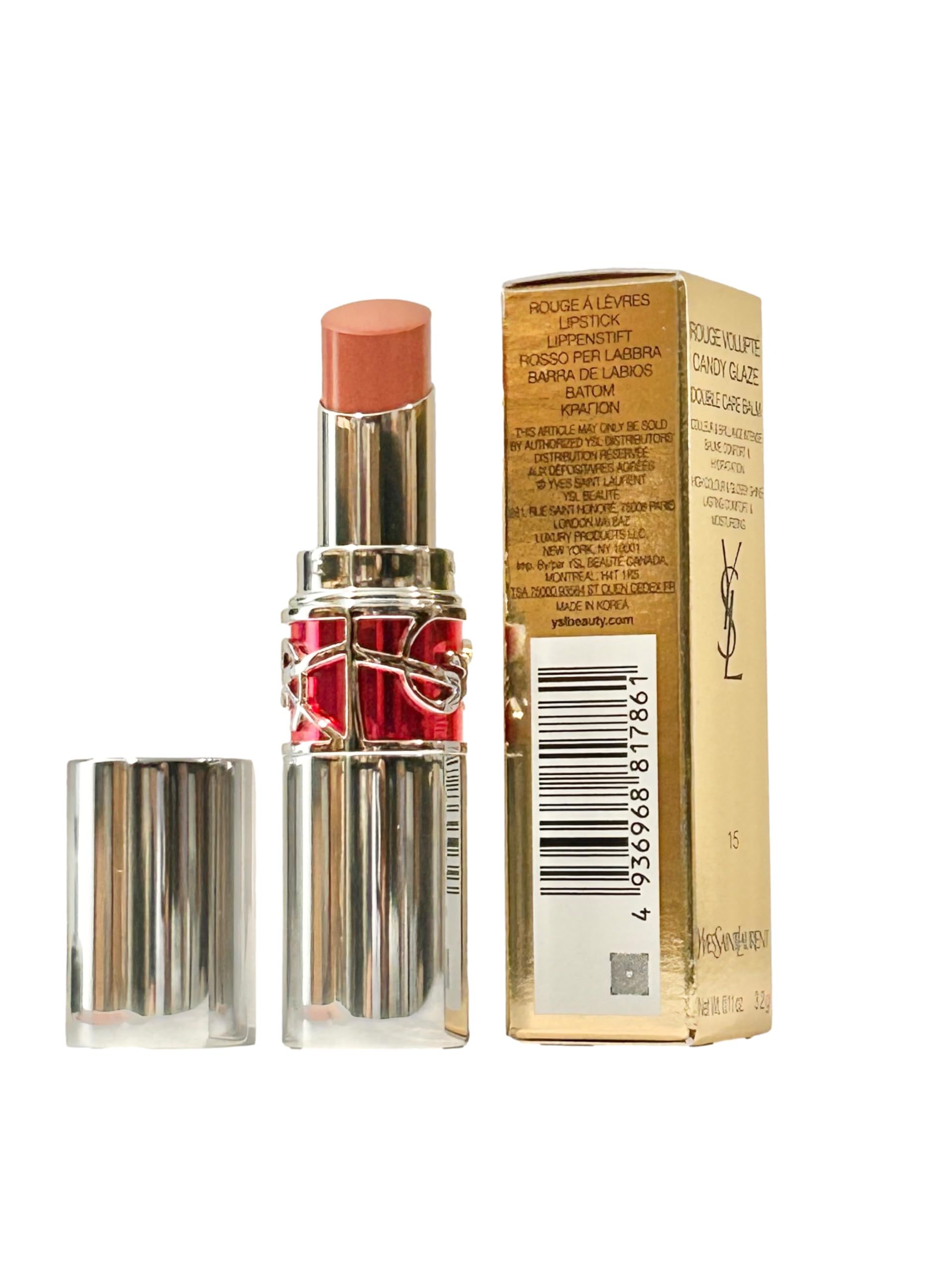 Rossetto e confezione. Rossetto rosa. Confezione dorata con testo e codice a barre.