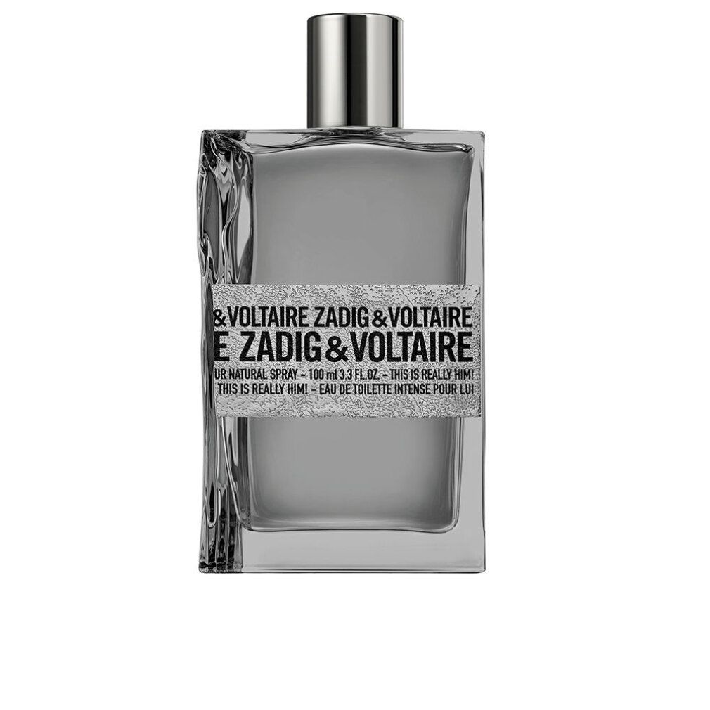 Flacone grigio con tappo argentato. Scritta: Zadig & Voltaire, This Is Really Him! EdT Intense.