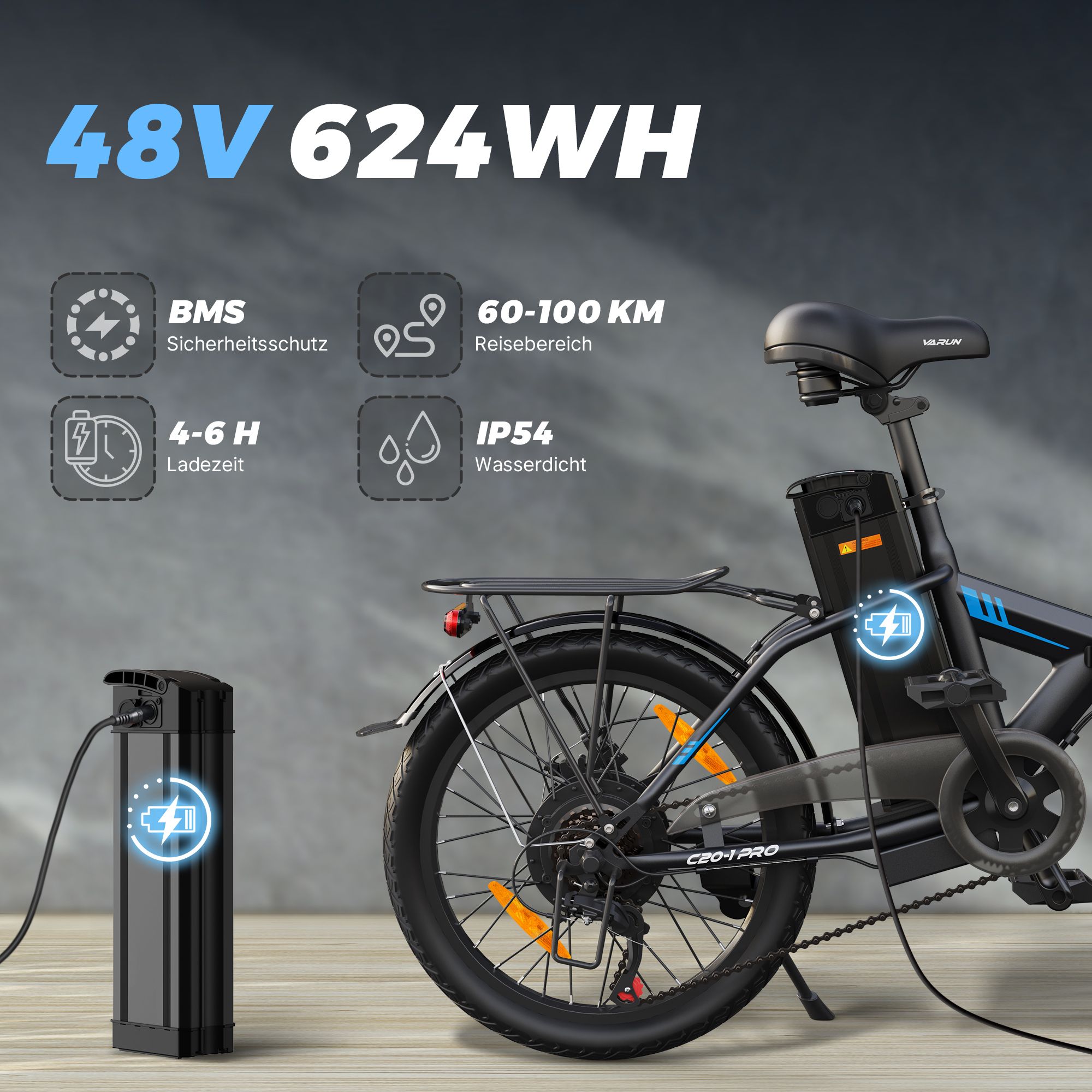 VARUN C20-1 PRO Bicicletta elettrica pieghevole, 48V 13Ah