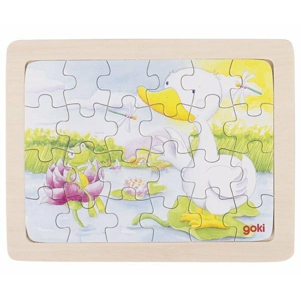 Puzzle in legno con anatra, 15 pezzi. L'anatra è nell'acqua. Logo Goki.