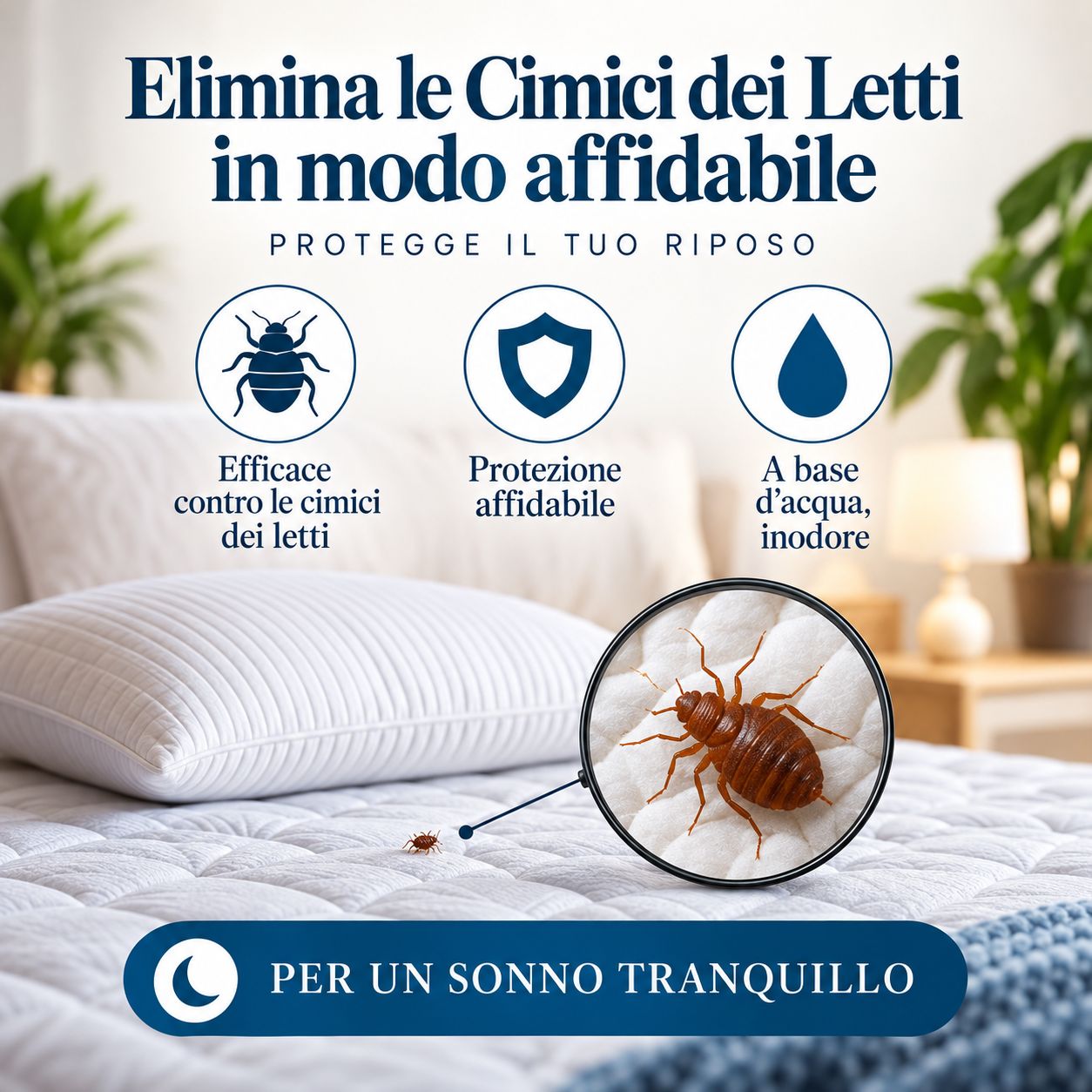 Primo piano di una cimice dei letti su un materasso. Icone: cimice, scudo, goccia d'acqua. Testo: 'Elimina le Cimici dei Letti'.
