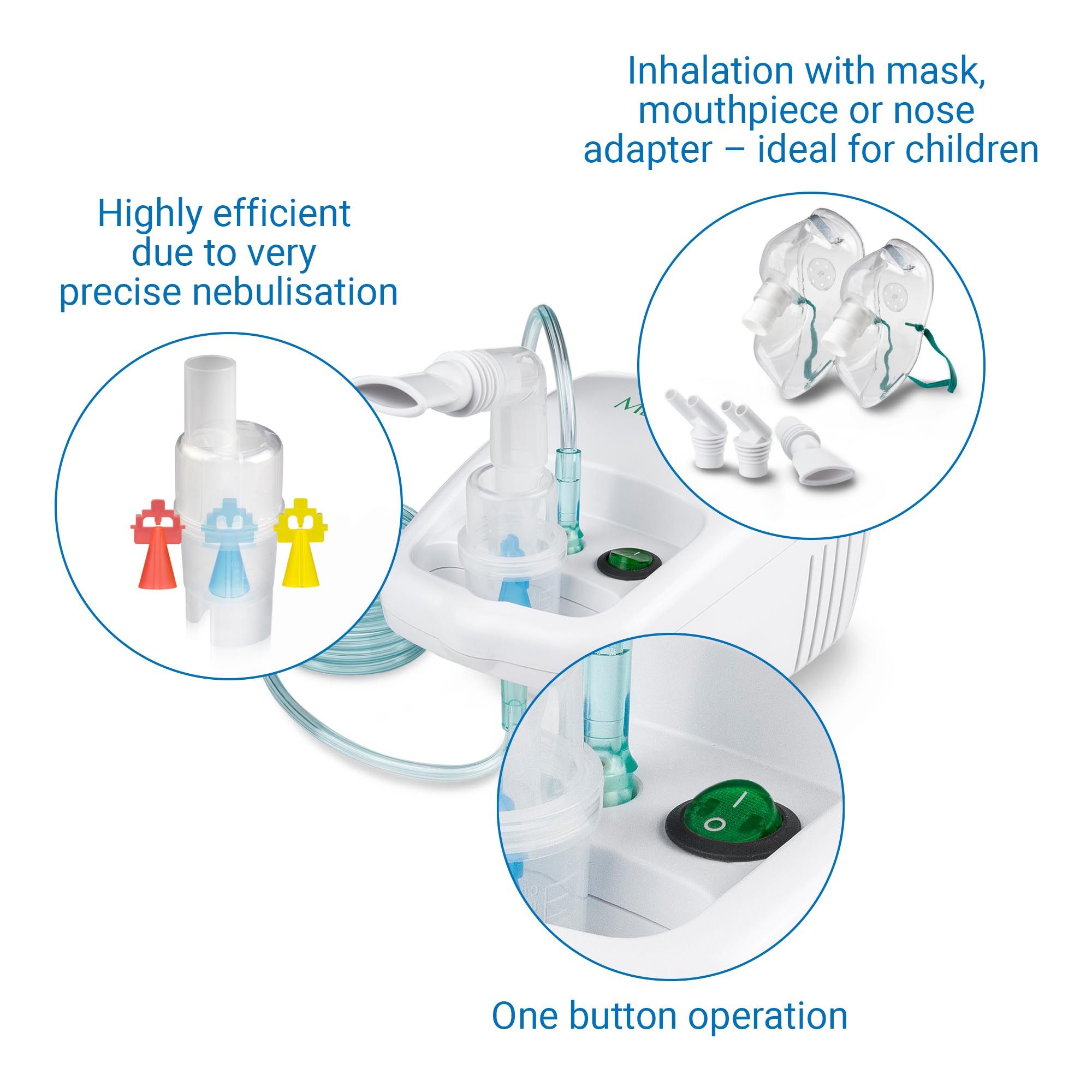 Inalatore Medisana IN 500, con accessori: maschere, boccagli. Un pulsante. Testo: 'One button operation'.