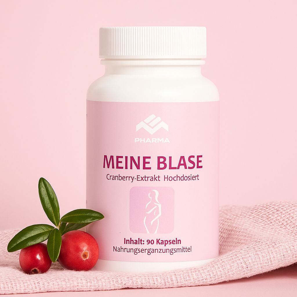 Flacone bianco con etichetta rosa. Scritta: MEINE BLASE, estratto di mirtillo rosso. Rami e bacche di mirtillo rosso accanto.