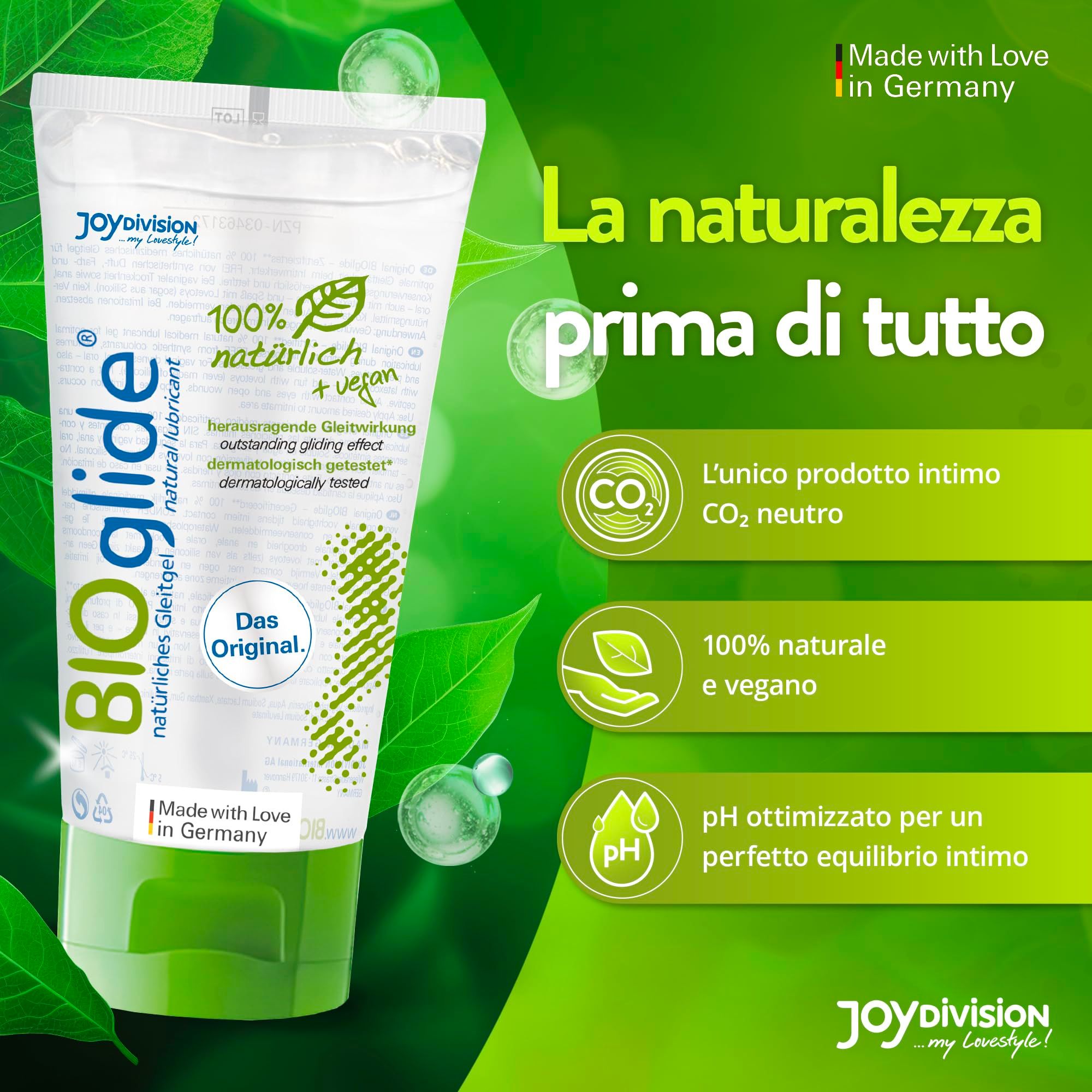 Tubo di gel lubrificante BIOglide con tappo verde. 100% naturale + vegano.