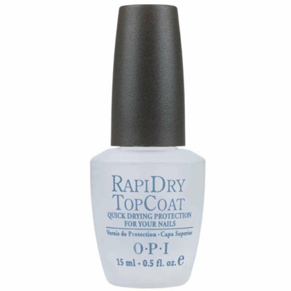 Flacone di smalto OPI Rapidry Top Coat. Smalto trasparente con tappo nero. Scritta: Rapidry Top Coat, OPI, 15 ml - 0.5 fl. oz.