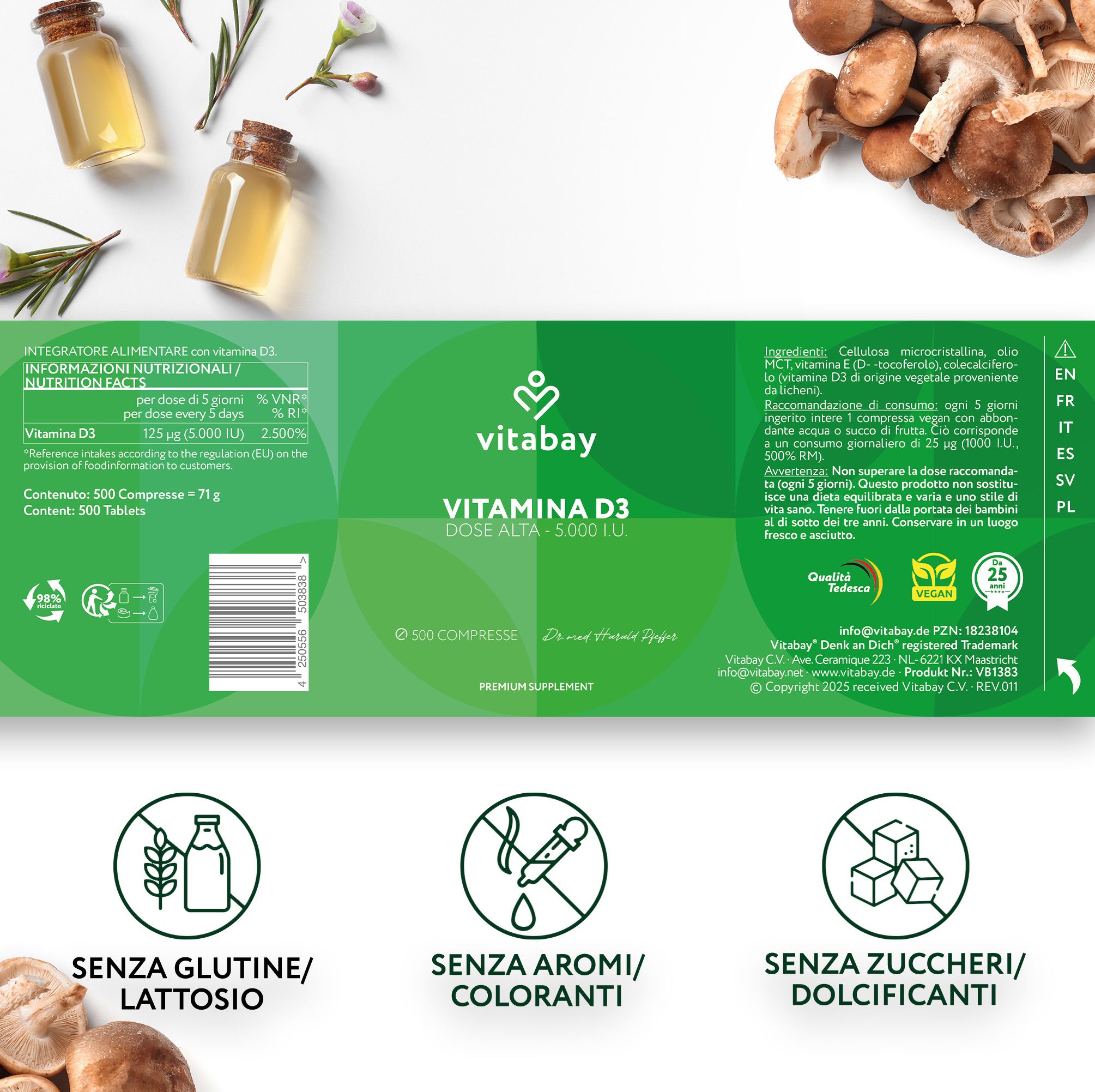 Vitabay Vitamina D3 Dose Alta 5000 I.U. 500 compresse. "Senza glutine/lattosio", "Senza aromi/coloranti", "Senza zuccheri/dolcificanti".