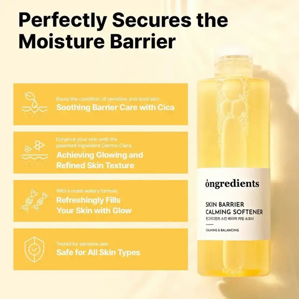 Una bottiglia di "ongredients SKIN BARRIER CALMING SOFTENER" con liquido giallastro. Testo: "Soothing Barrier Care with Cica".