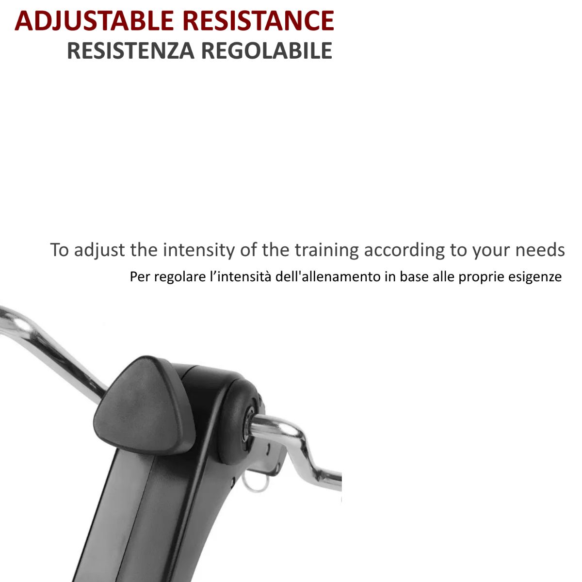 Dettaglio del regolatore di resistenza. Testo: Resistenza regolabile. Per regolare l'intensità.