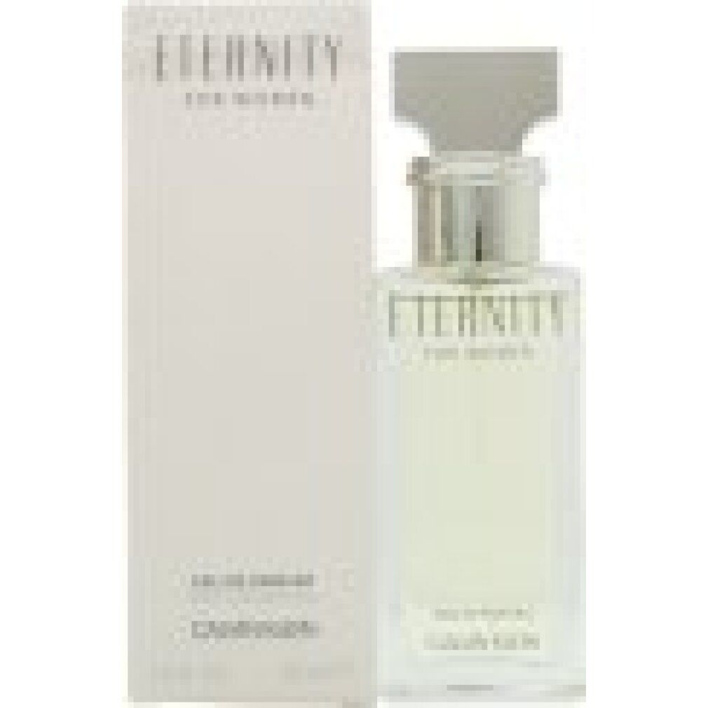 Flacone e confezione di Calvin Klein Eternity For Women. Flacone rettangolare trasparente. Confezione rettangolare bianca con scritta.
