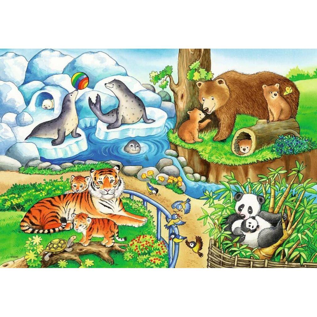 Puzzle con motivo zoo. Animali: tigri, orsi polari, panda, foche. Marca: Ravensburger. 2x12 pezzi.