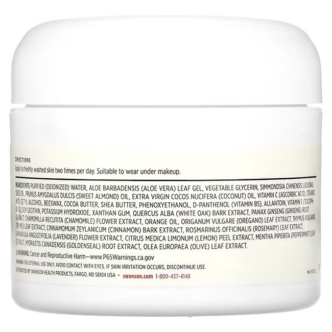 Retro del barattolo di crema. Contiene ingredienti come aloe vera, vitamina C e camomilla. Avvertenze.