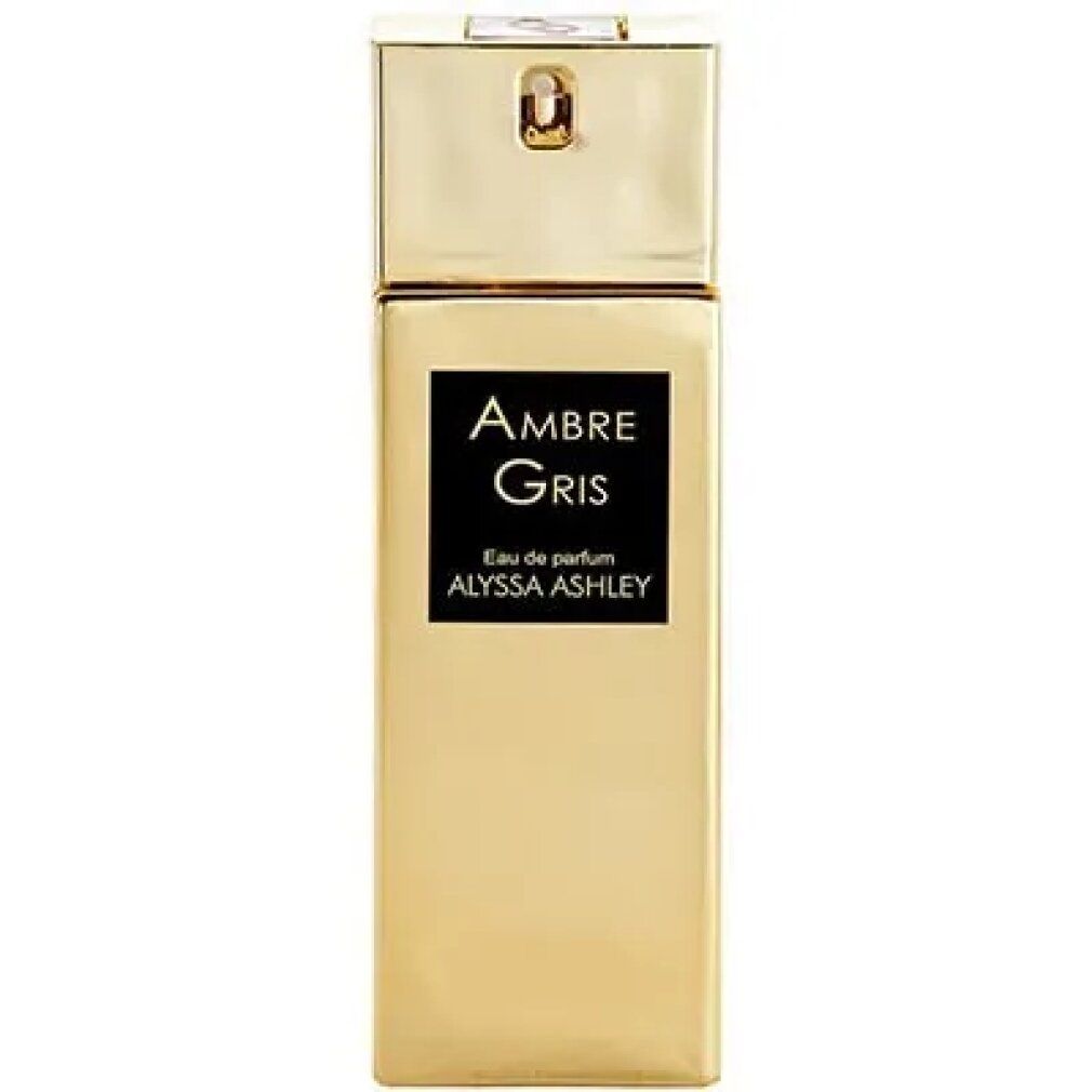 Flacone dorato con etichetta nera. Visibili "Ambre Gris" e "Alyssa Ashley".