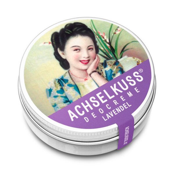 ACHSELKUSS Deocreme Lavendel: Barattolo con illustrazione vintage di una donna, motivo lavanda ed etichetta laterale.