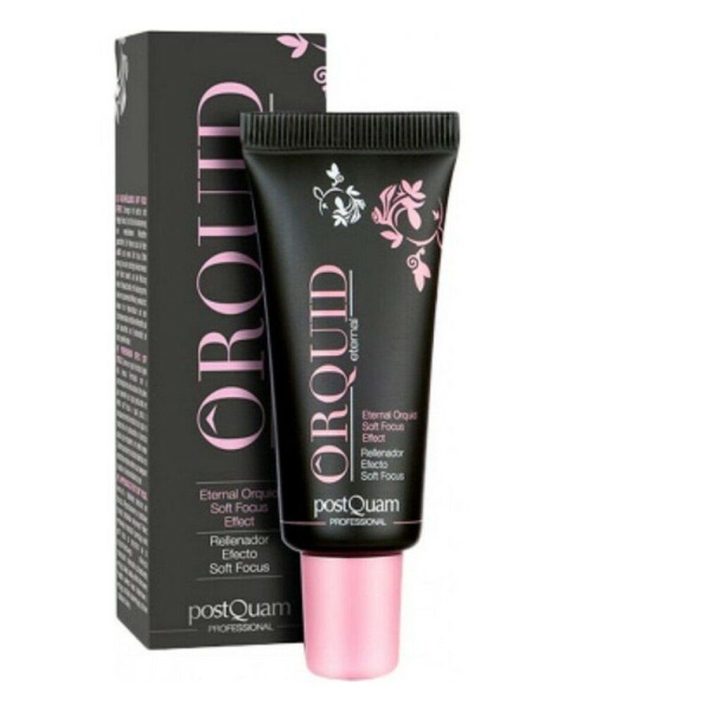 Tubo e scatola di crema contorno occhi. Nero con scritte rosa. Marchio: ORQUID eternal, Postquam. Nome prodotto in inglese e spagnolo.
