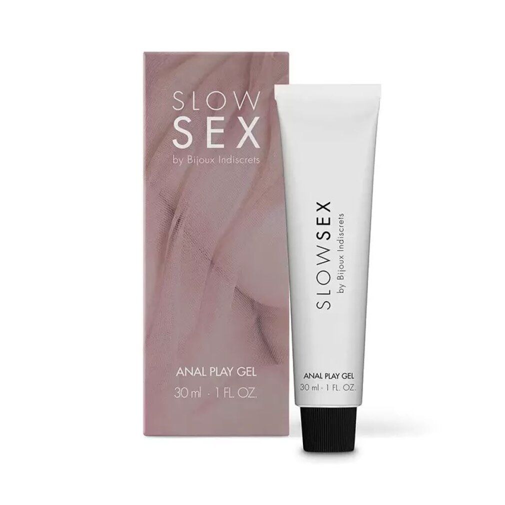 Tubo e confezione in cartone bianchi. Scritta: SLOW SEX by Bijoux Indiscrets. ANAL PLAY GEL.