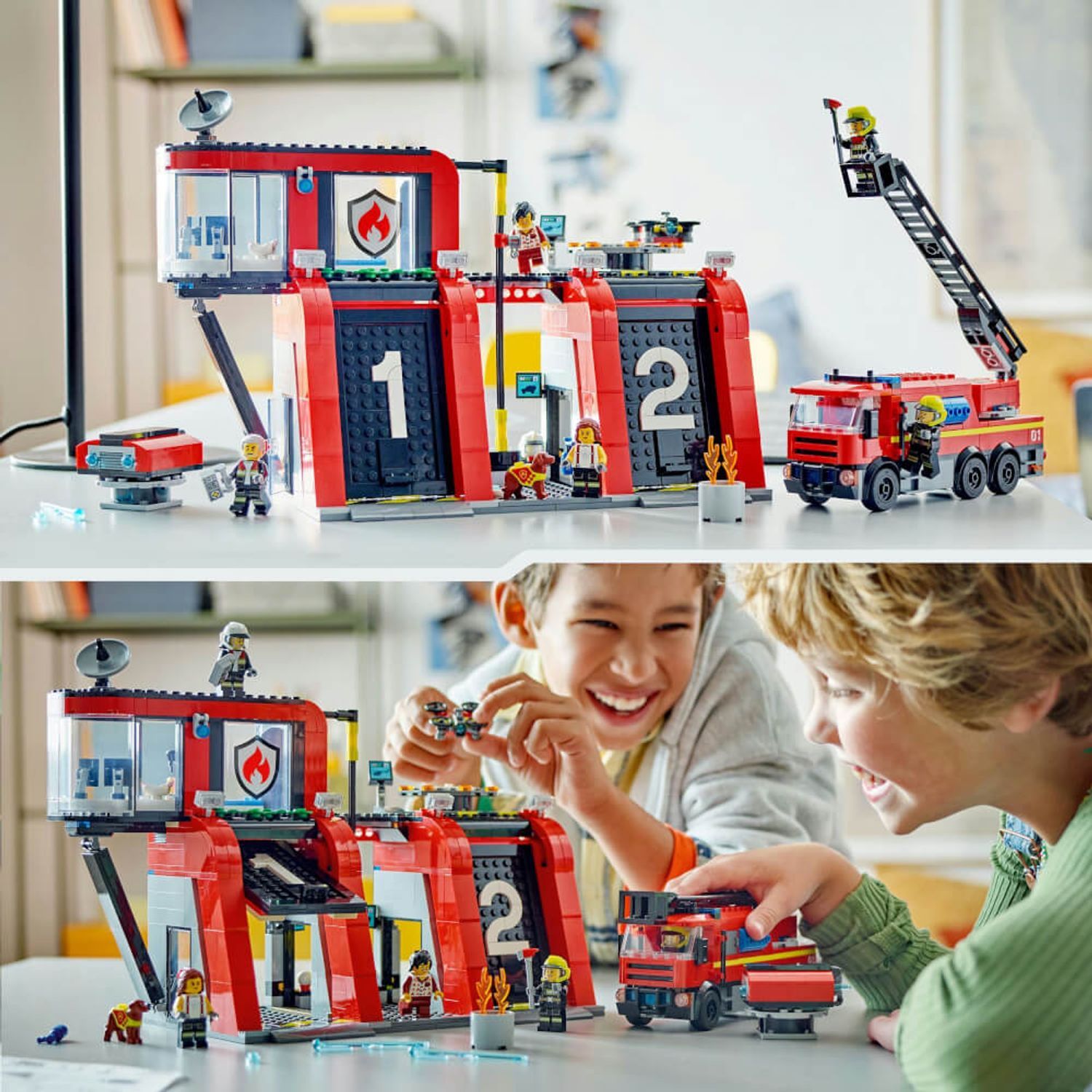 Set LEGO City. Caserma dei pompieri rossa con autopompa e personaggi. Bambini che giocano con il set.