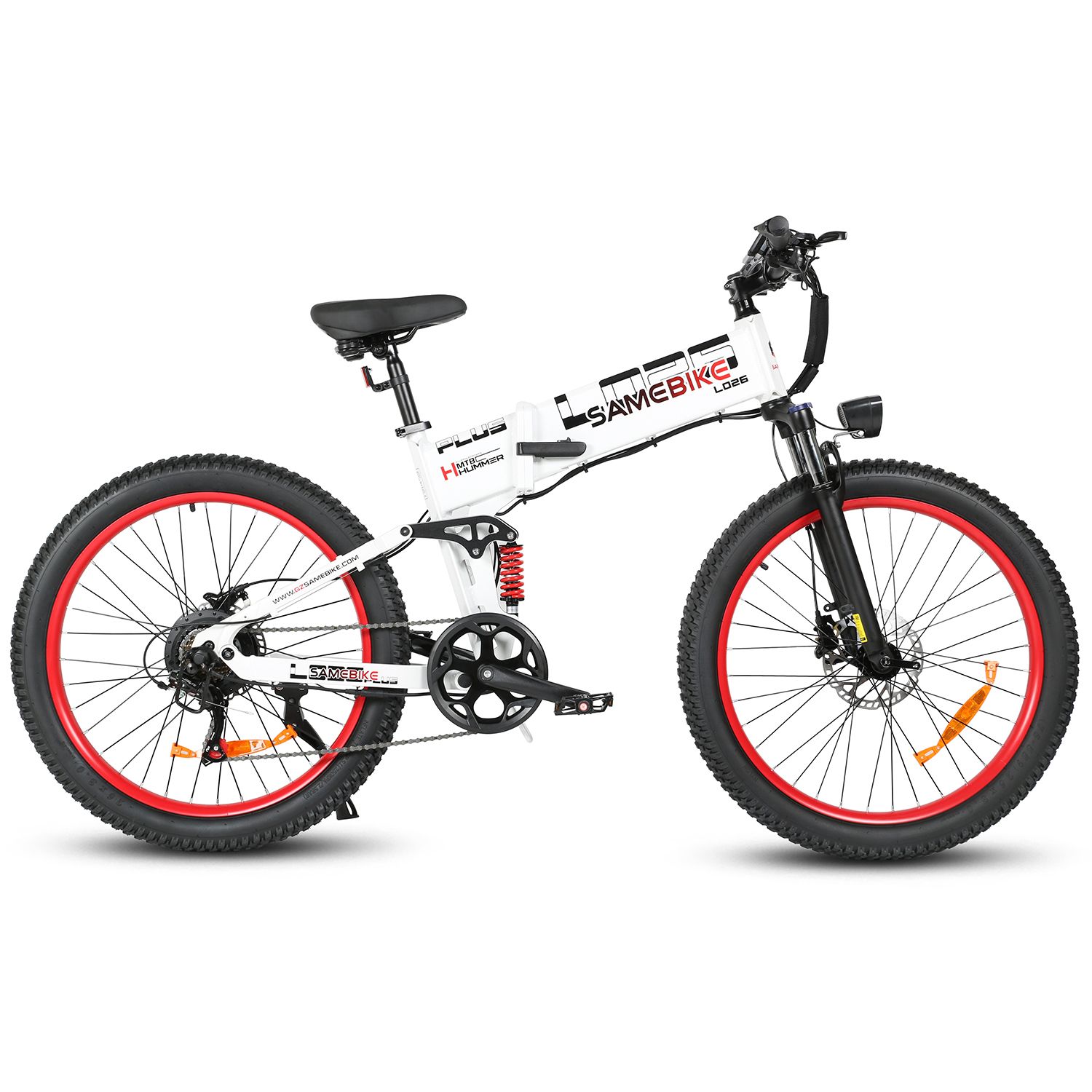 E-bike pieghevole bianca, cerchi rossi. Pneumatici, sella e manubrio neri. Marchio SAMEBIKE LO26Plus.