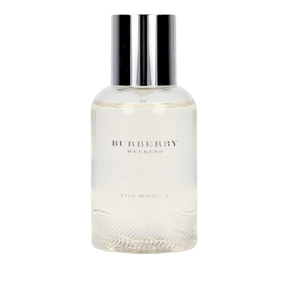 Burberry Weekend Eau de Parfum Spray da donna. Flacone trasparente con tappo argentato. Testo: Burberry Weekend, For Women.
