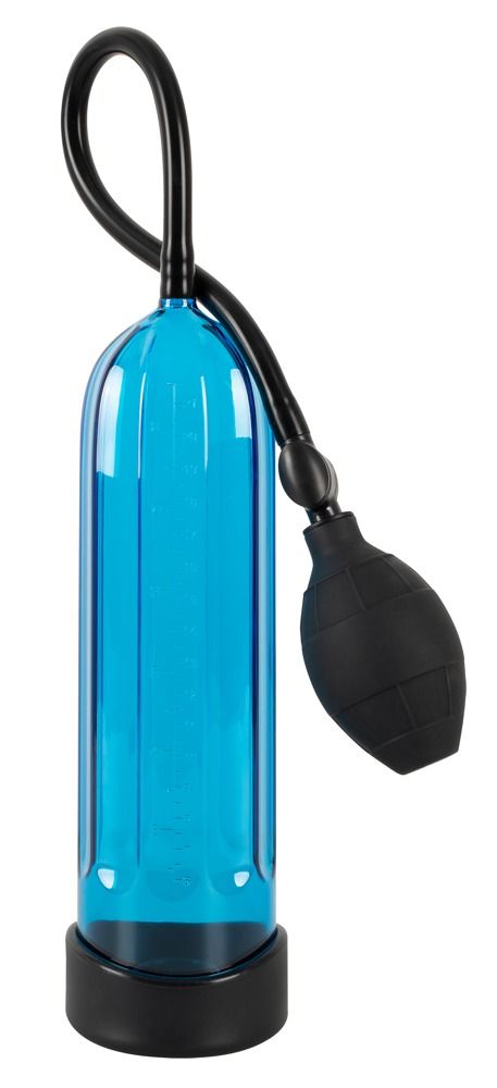 Pompa per pene blu con soffietto e tubo neri, con scala.