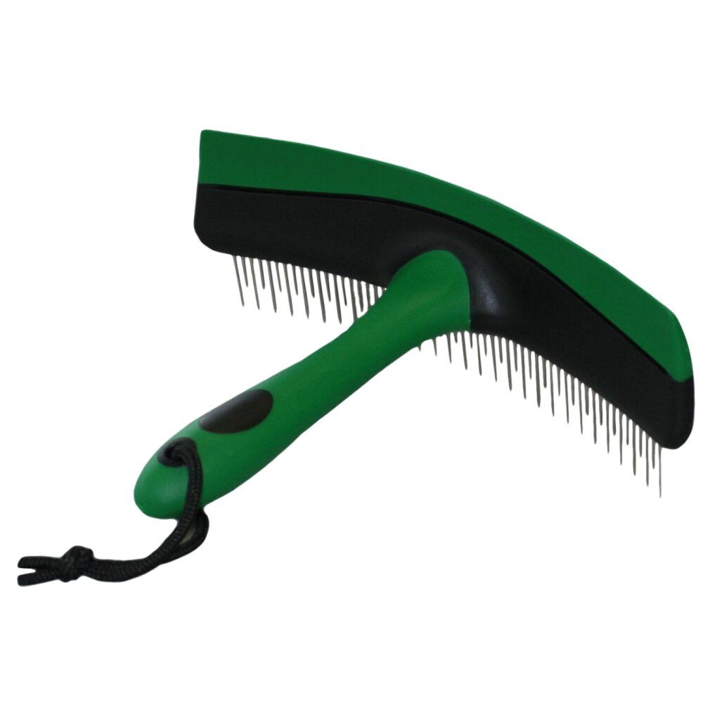 Pettine verde e nero con denti metallici e manico. Anello nero sul manico.