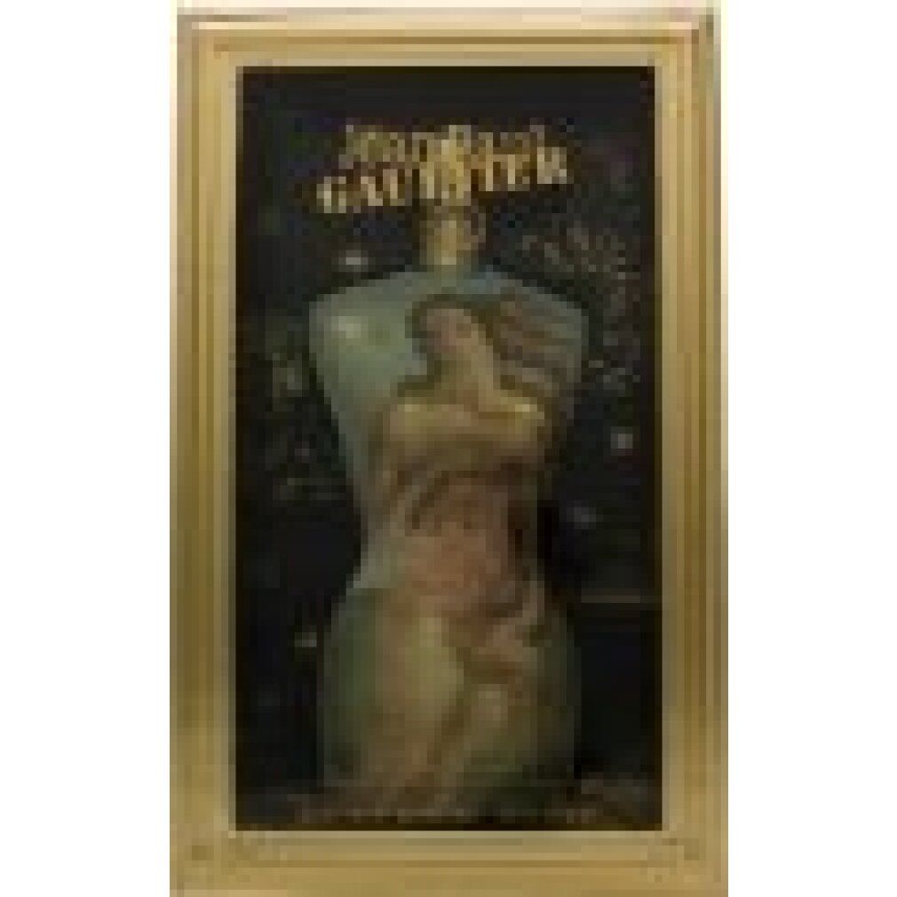 Flacone di profumo a forma di corpo femminile, in cornice dorata. Stampa: dipinto di Venere. Testo: Jean Paul Gaultier.