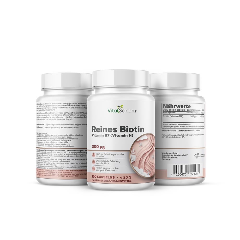 Tre flaconi bianchi VitaSanum Reines Biotin. Scritta: 300 µg, 100 capsule, vitamina B7 (vitamina H). Etichetta rosa e bianca.