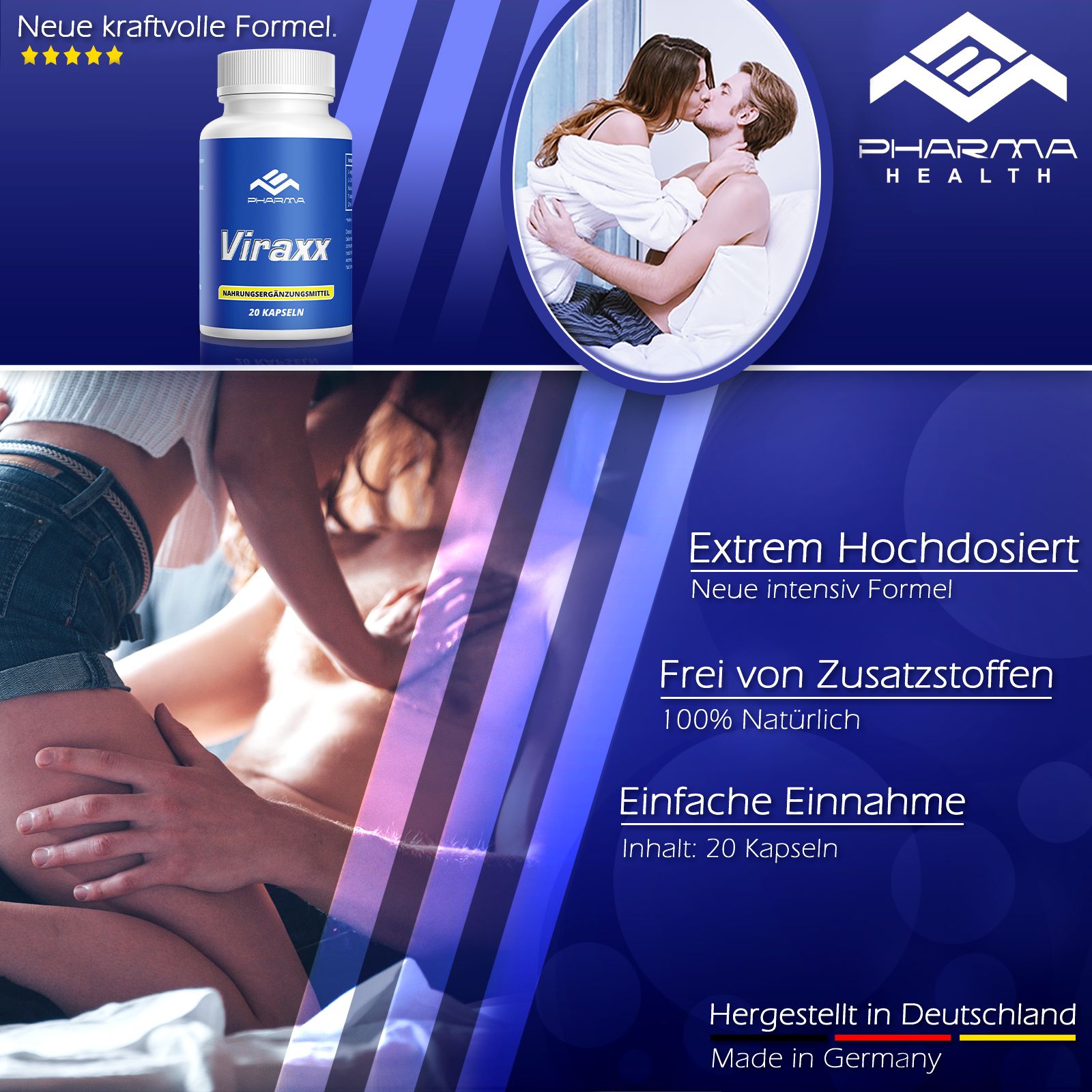 Immagine pubblicitaria con flacone Viraxx, Pharma. Testo: Estremamente dosato, Senza additivi, Facile assunzione. Coppia.