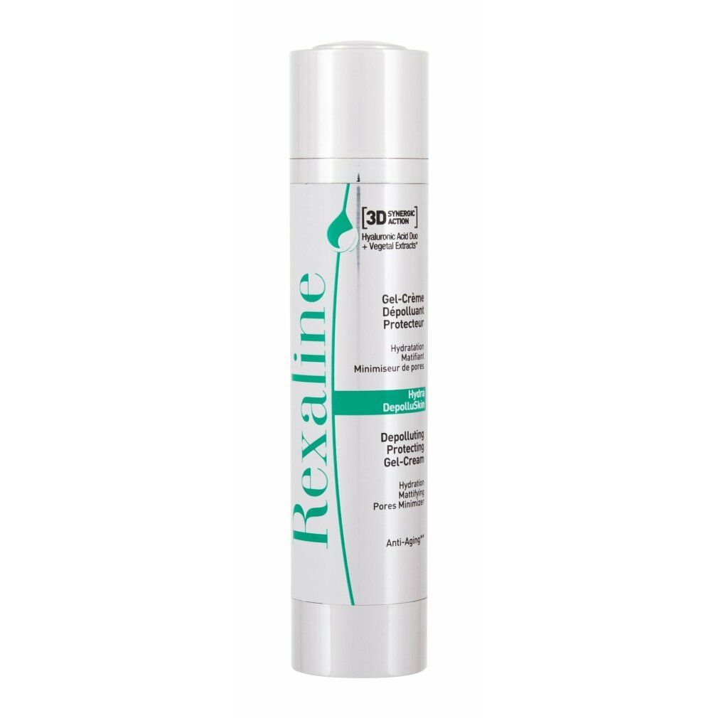 Flacone di crema bianco con scritta verde. Scritta: Rexaline, Gel-Crème Dépolluante Protectrice, Hydra Dépolluante, Anti-Âge.
