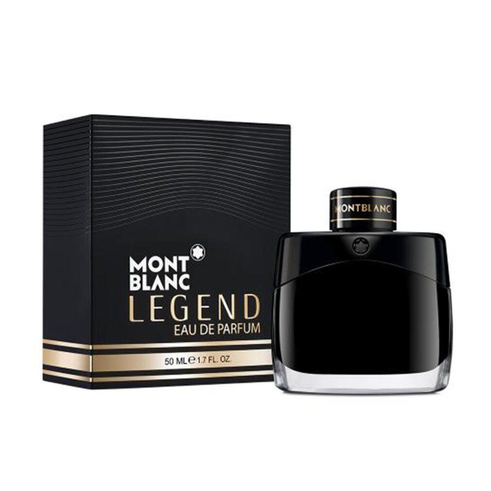 Scatola nera e flacone. Flacone: nero con tappo dorato. Sulla scatola c'è scritto MONTBLANC LEGEND.