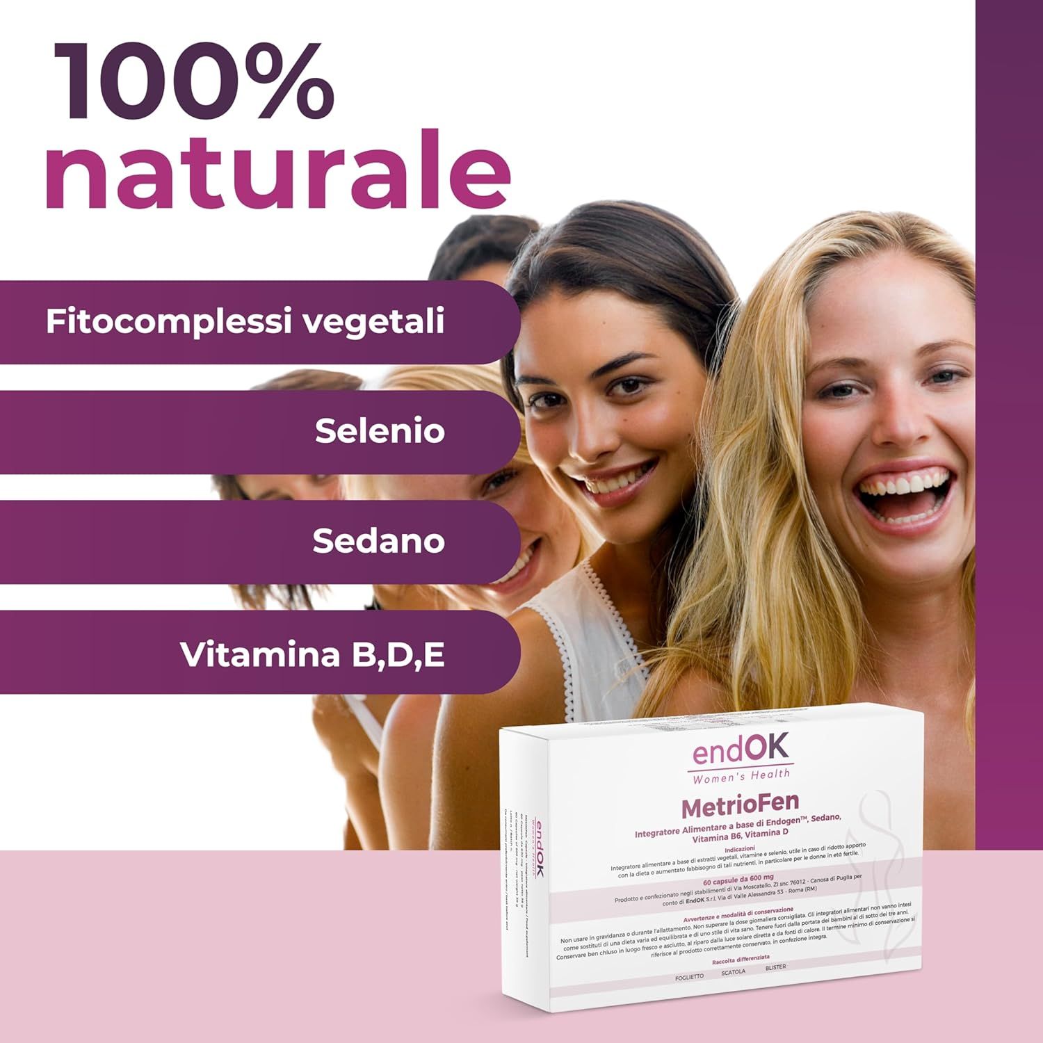 Confezione prodotto MetrioFen accanto a donne. Testo: 100% naturale. Ingredienti: Fitokompleksi vegetali, Selenio, Sedano, Vitamina B,D,E.