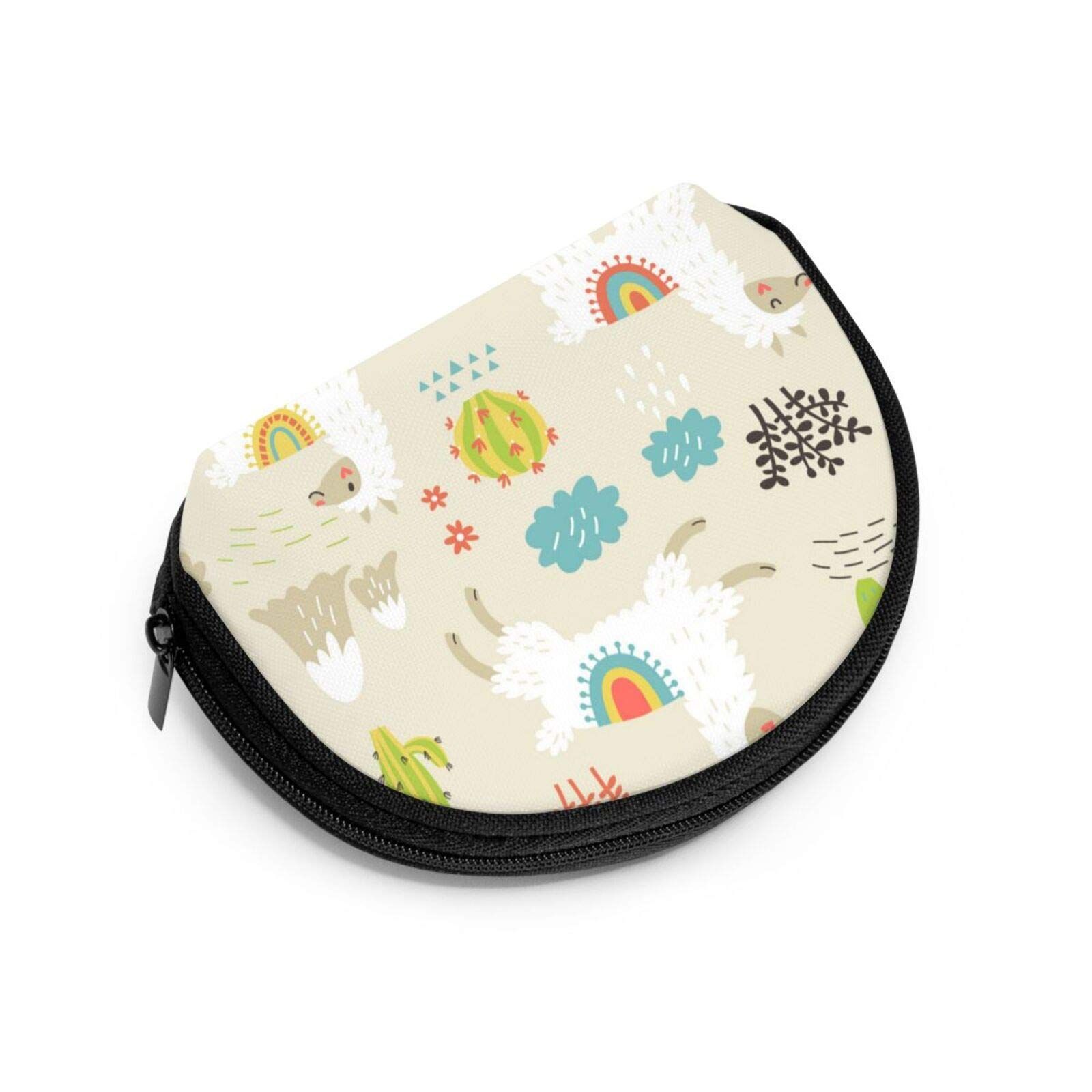 Borsa cosmetica con motivo lama, cerniera nera. Sfondo beige con illustrazioni di lama, cactus e nuvole.