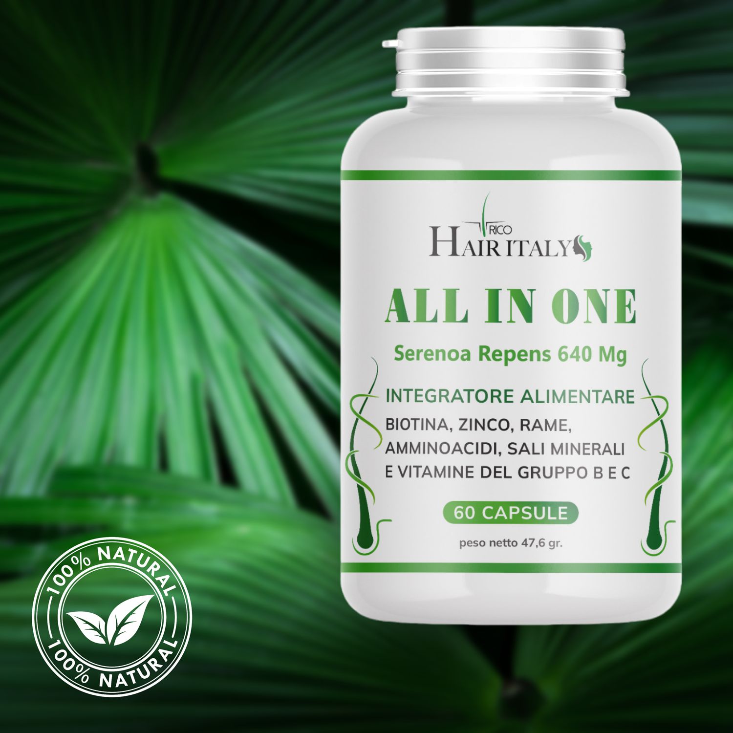 Flacone bianco con etichetta verde. Scritta: Trico Hair Italy, All in One, 60 capsule. Logo prodotto naturale.