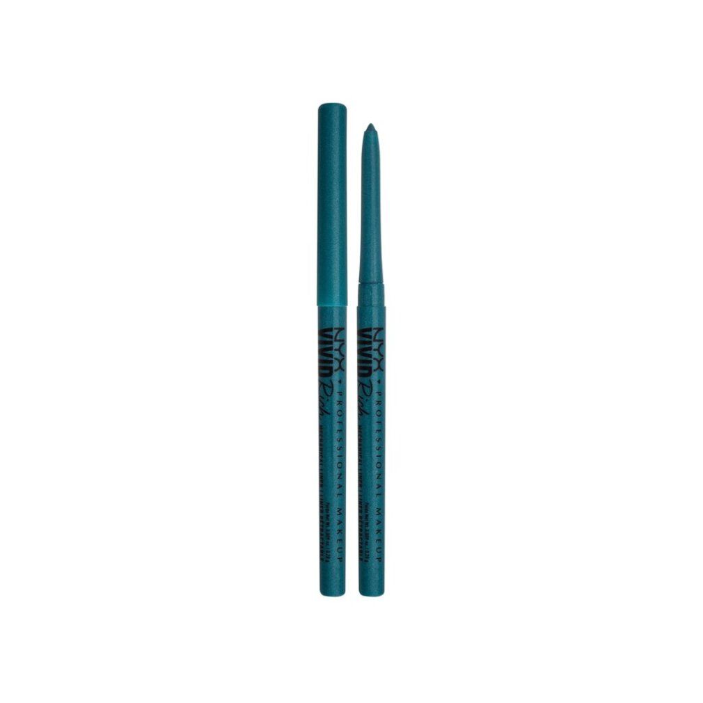 Due eyeliner meccanici verdi. Scritta: Vivid Rich, NYX Professional Makeup.
