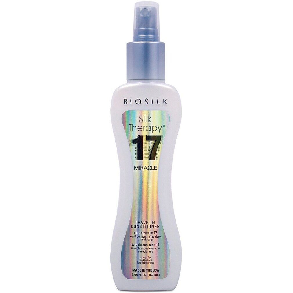 Biosilk Silk Therapy 17 Miracle Leave-In Conditioner. Flacone bianco con vaporizzatore. Testo: 17 Miracle, Leave-In Conditioner.