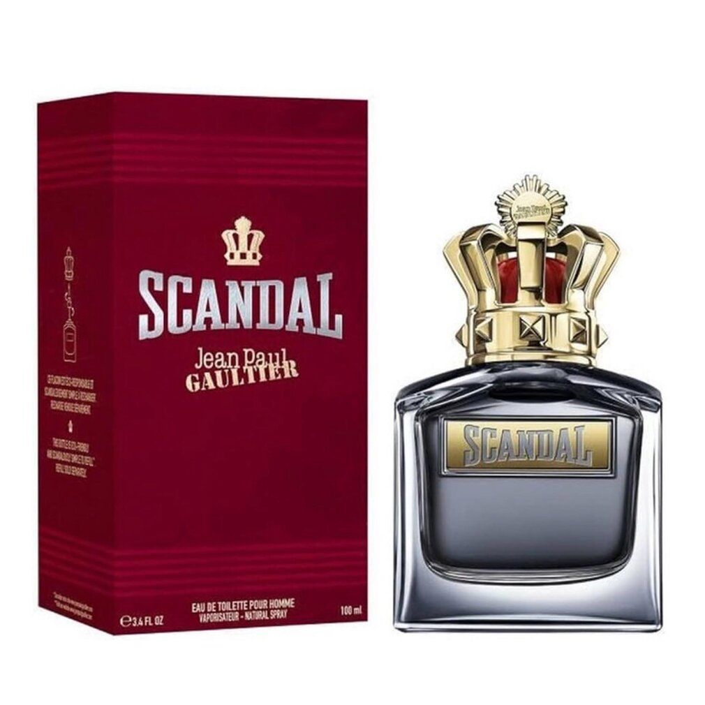 Flacone e confezione. Flacone con corona dorata, etichetta "SCANDAL". Confezione rossa con logo e scritta.