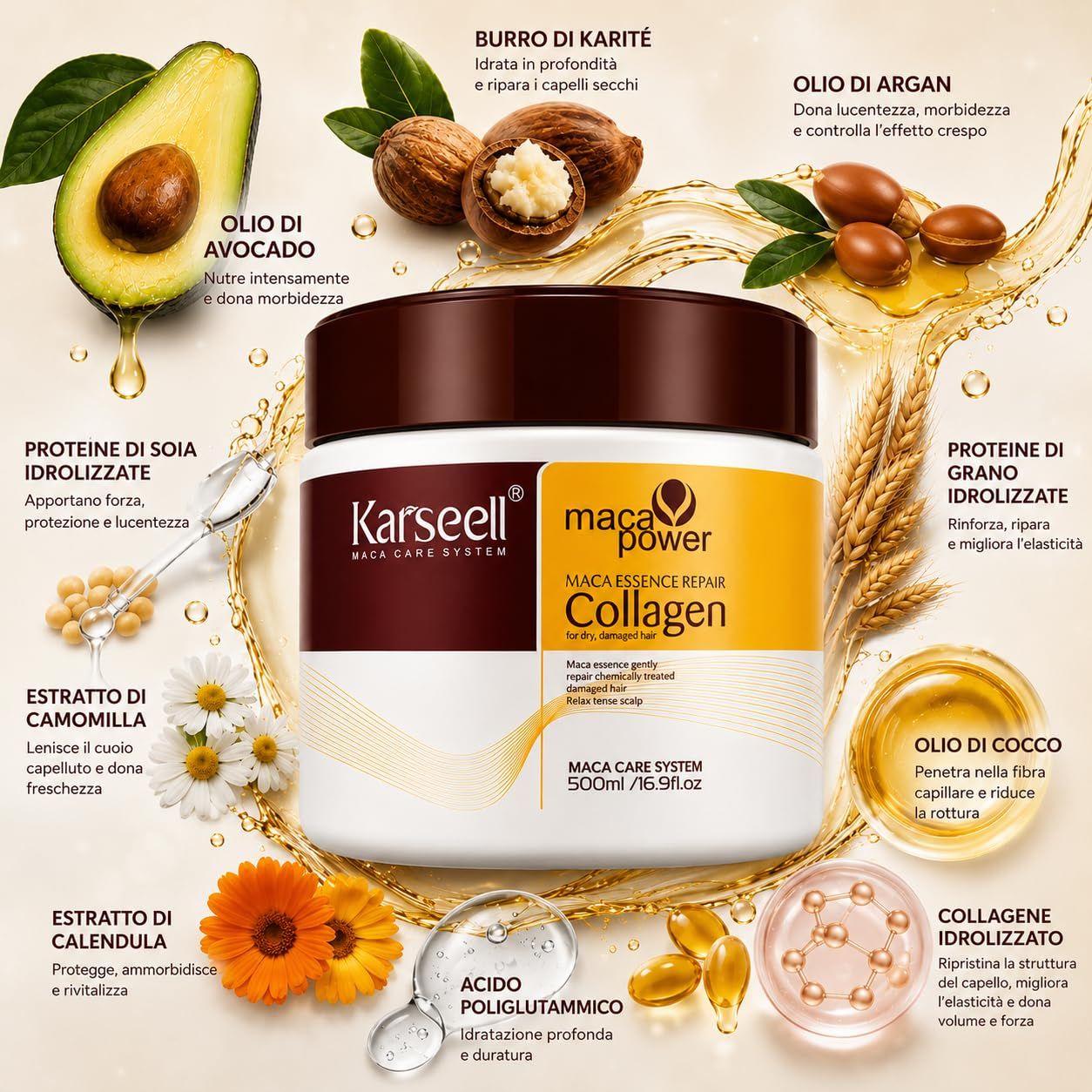 KARSEELL Maschera Capelli al Collagene Ripara Idrata Nutre Capelli Secchi e Danneggiati