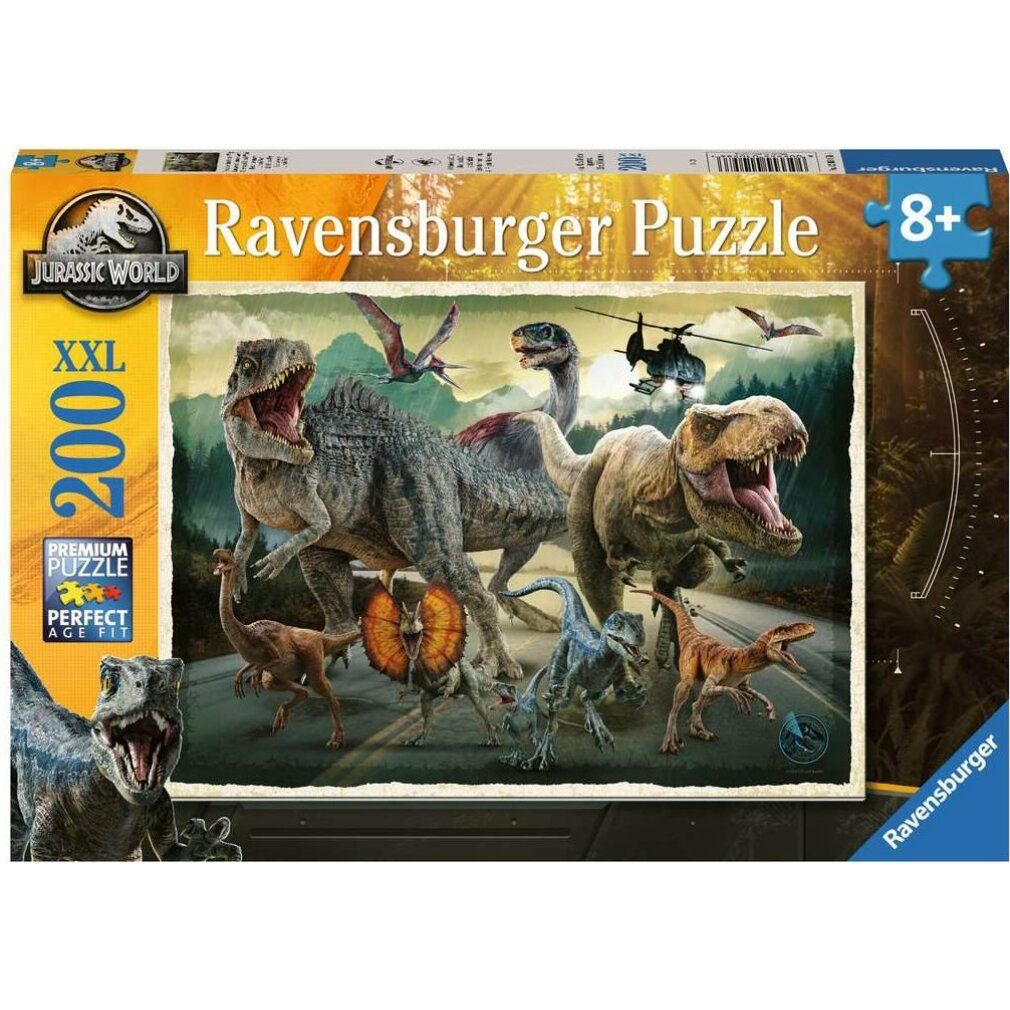 Scatola puzzle Ravensburger. Illustrazione con dinosauri di Jurassic World. 200 pezzi, per bambini dagli 8 anni in su.