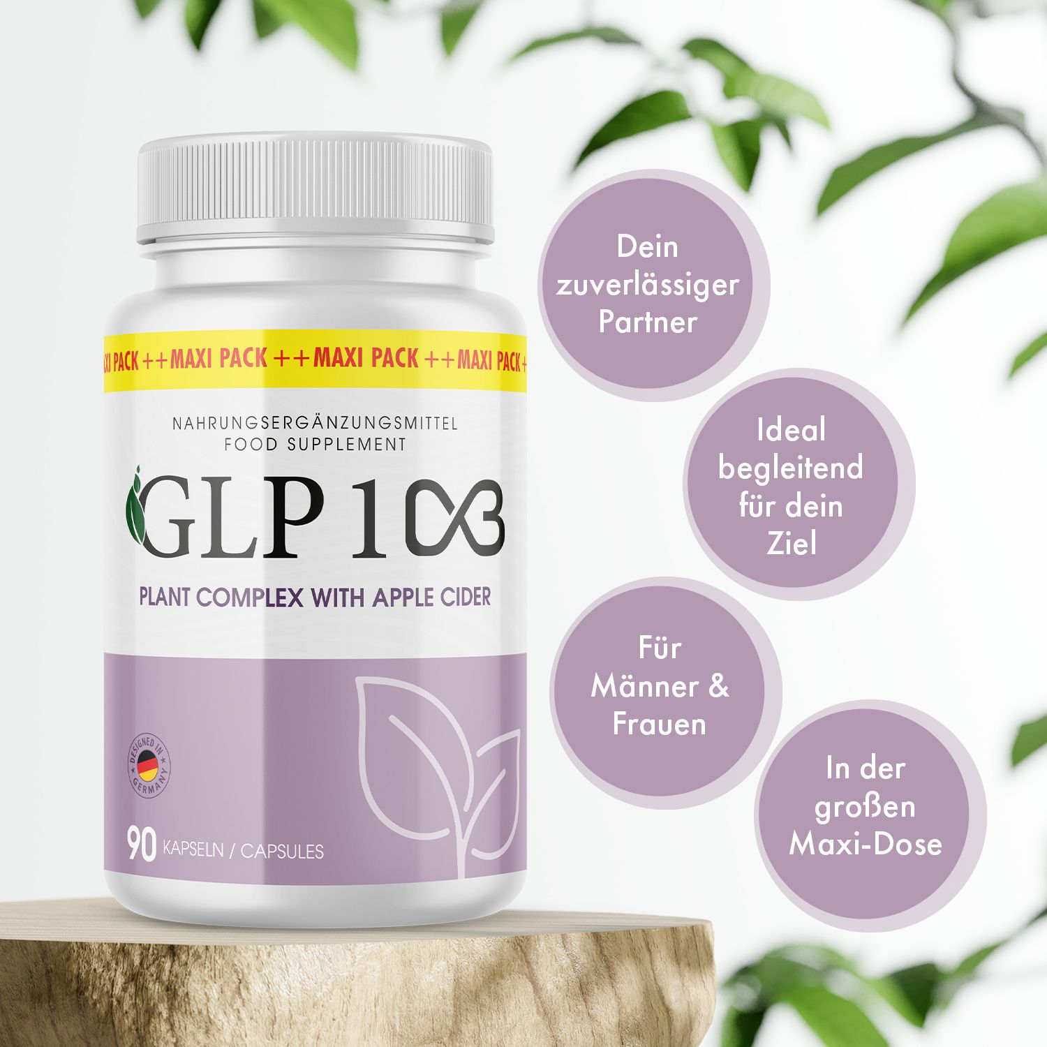 Flacone di pillole bianco con etichetta viola. Scritta: GLP 1C3, 90 capsule. Con aceto di mele. Integratore alimentare. Testo in cerchi.