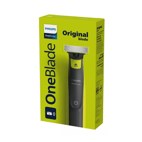 Confezione del trimmer per barba. Sulla confezione è indicato il marchio Philips OneBlade. Il prodotto è confezionato in una scatola verde.