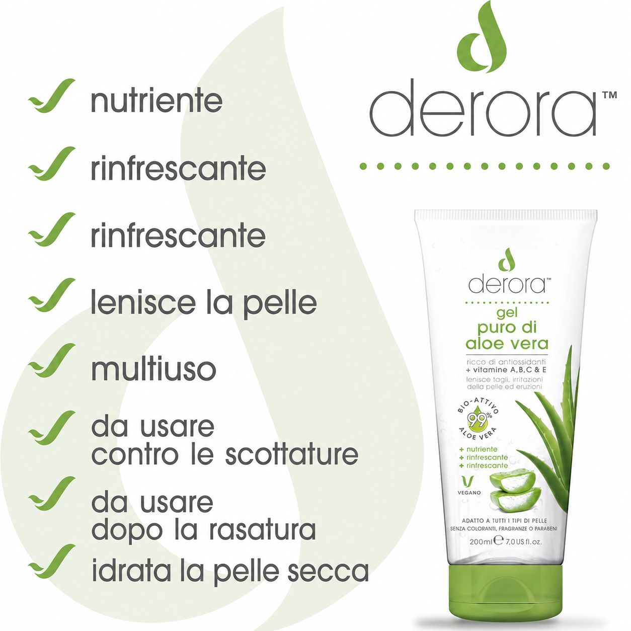 Tubo bianco, tappo verde. Benefici: nutriente, rinfrescante, lenitivo, multiuso, scottature, rasatura, pelle secca. Vegano.