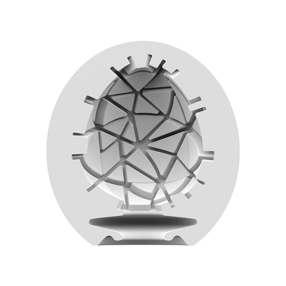 Prodotto bianco a forma di uovo con superficie geometrica. In un supporto rotondo.