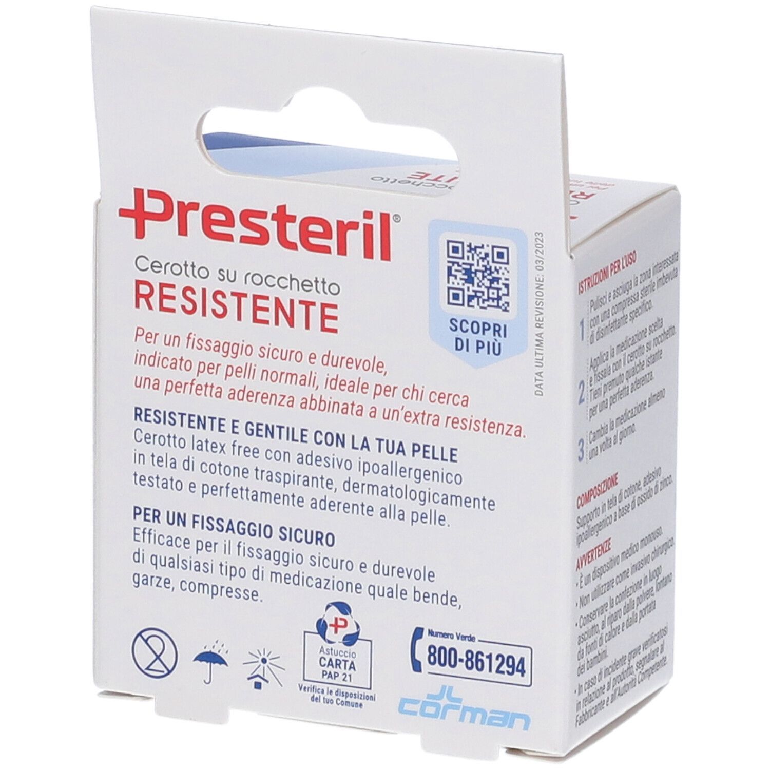 Retro confezione Presteril Cerotto su Rocchetto Resistente. Nome prodotto, QR code, contatti e pittogrammi.